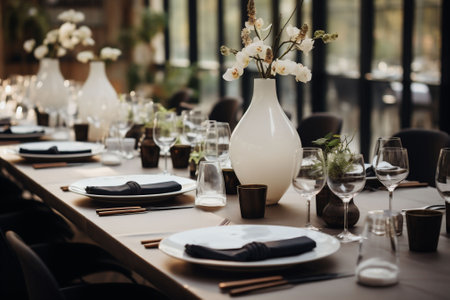 A modern laid restaurant table setting features a large white vase with orchids, black and gold accents, offering a contemporary vibe for promotional material of a modern eatery. High quality photoの素材
