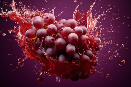 Grapes burst through a splash of juice, a lively scene for vibrant food marketing or health-focused editorials. High quality photoの素材