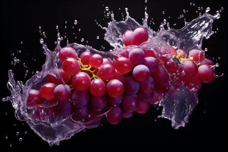 Juicy grapes amidst a vivid splash on black background, ideal for illustrating the natural vitality in culinary arts. High quality photoの素材