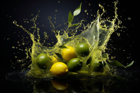 Limes and lemons caught in an explosive splash of juice, symbolizing zest and energy, for marketing materials or health-related visuals emphasizing vitality and natural goodness. High quality photoの素材