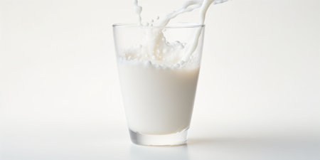 Milk being poured into a glass, capturing the pure and wholesome essence of the drink, perfect for food advertising or nutritional campaigns highlighting the benefits of dairy. High quality photoの素材