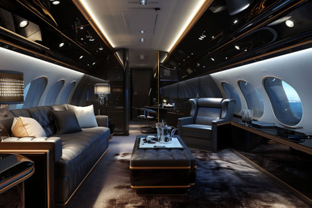 A sophisticated private jet interior boasts cream leather seats and sleek dark accents, reflecting an elite travel experience suitable for high-end brochures and luxury travel. High quality photoの素材