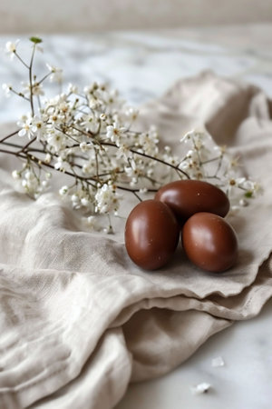 Milk chocolate eggs rest on a crumpled linen cloth, accompanied by delicate white flowers. Perfect for serene springtime editorial pieces or gentle, natural themed decor. High quality photoの素材