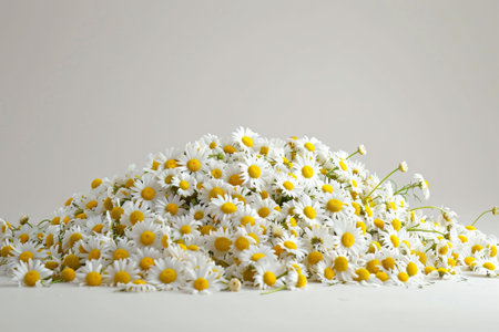 A large pile of daisies isolated on a white background, suggesting the concept of abundance or floral art. The image is versatile for creative projects or as a vibrant flower backdrop. High quality photoの素材