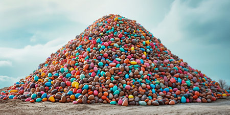 A colorful hill of painted eggs on a blue sky, suggesting a celebration. Perfect for festive Easter content, creative projects, or marketing materials. High quality photoの素材
