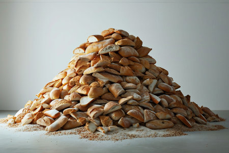 Carefully arranged mountain of bread slices, from crusty baguettes to soft buns, on a white background. Culinary content, bread-making or for marketing a range of bakery products. High quality photoの素材
