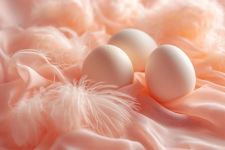 Softly peach fuzz color eggs are cradled in a plush feather bed on a pastel silk fabric, suggesting a gentle, nurturing environment. Represent care, softness. High quality photoの素材