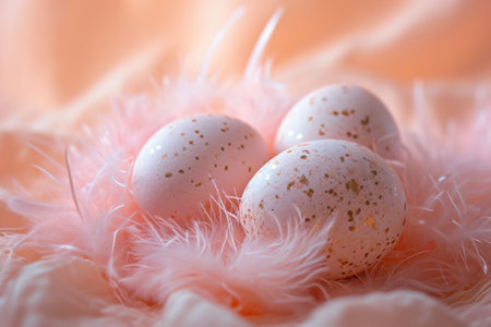 Softly peach fuzz color Easter eggs are cradled in a plush feather bed on a pastel fabric, suggesting a gentle, nurturing environment. Represents care, softness. High quality photoの素材