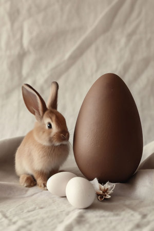 Next to a large chocolate egg, a small bunny sits with two white eggs on a light fabric. Easter, suitable for intimate holiday celebrations or children's themes. High quality photoの素材