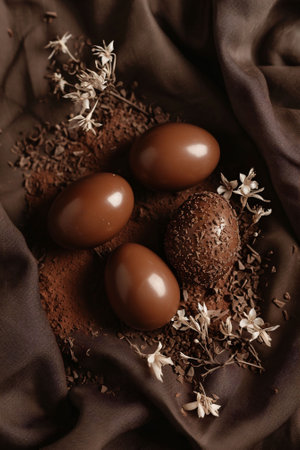 Chocolate-colored eggs sprinkled with cocoa rest on a brown fabric, amidst small white flowers, perfect for minimalistic gourmet or Easter themes. High quality photoの素材