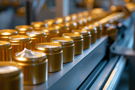 Rows of golden-lidded jars on a conveyor belt exhibit the precision of a skincare product manufacturing line, highlighting the production of luxury cosmetics. High quality photoの素材