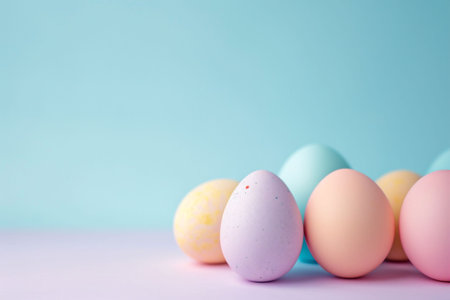 Isolated Pastel-colored Easter eggs sit on a soft blue background. The simplicity and pastel palette evoke a calm, festive mood, suitable for springtime holiday themes. High quality photoの素材