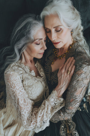 Elderly lesbian twin sisters in elegant lace dresses embrace tenderly, their closeness and matching features, unique bond of twins. Can be used for sister or lgbtq theme. High quality photoの素材