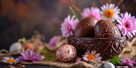 Intricately designed chocolate eggs rest in a dark basket, surrounded by pink blossoms and a speckled egg on burlap. cozy, festive spirit, ideal for Easter-themed content. . High quality photoの素材