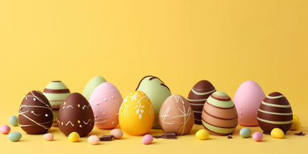 A line of various chocolate Easter eggs, each with unique designs and pastel colors, on a yellow background with scattered candies. Easter-themed marketing and seasonal decorations High quality photoの素材