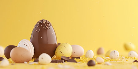 A diverse array of chocolate eggs with different patterns on a vivid yellow background, some with visible cocoa shavings. perfect for vibrant Easter-themed displays and promotions. High quality photoの素材