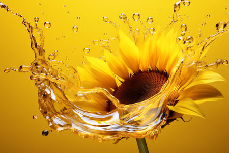 A bright yellow sunflower with vibrant oil splashes and drops on a yellow background illustrating vibrancy and energy. Advertisement or poster for sunflower oil. Copy space. High quality photoの素材