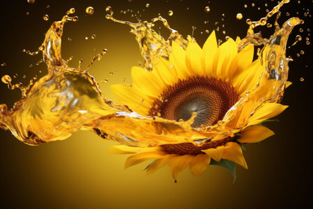 A bright yellow sunflower with vibrant oil splashes and drops on a yellow and black background illustrating vibrancy and energy. Copy space. High quality photoの素材