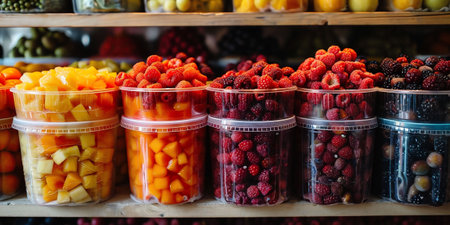 Containers of fresh, vibrant fruits are arranged on a grocery shelf, showing a spectrum of colors. The image exudes health and abundance, suitable for use in nutrition guides or food marketingの素材