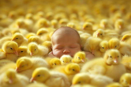 Sea of fluffy yellow ducklings surrounds a lone baby's head peeking out, creating a whimsical and adorable scene, perfect for illustrating themes of childhood, innocence, and spring High quality photoの素材