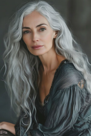 Woman with long wavy gray hair in a dark blouse looks contemplatively to the side, indoors. sophistication and could be used in fashion, aging or lifestyle editorials. High quality photoの素材