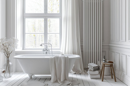 An all white bathroom with freestanding bathtub in a bright room with natural light from a window, and wooden flooring. ideal for interior design and relaxation themes. High quality photoの素材