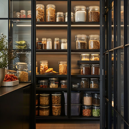 A dark-toned pantry with glass jars filled with dry goods, illuminated by warm interior lighting. It conveys the ideas of home organization and stylish kitchen design. High quality photoの素材