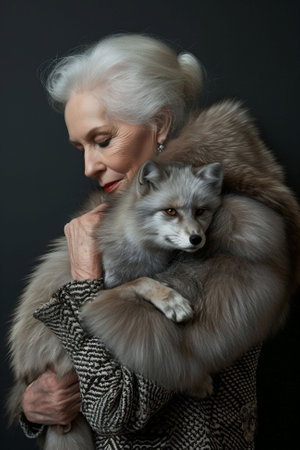 An elegant elderly woman in a houndstooth dress holds a gray fox, both against a dark background. timeless beauty, wildlife care, animal saving and bond with humans. High quality photoの素材