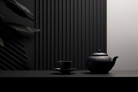 A matte black teapot and cup are placed on a table against a dark backdrop with vertical lines and a plant leaf. sophisticated and modern, minimalist lifestyle or luxury branding. High quality photoの素材