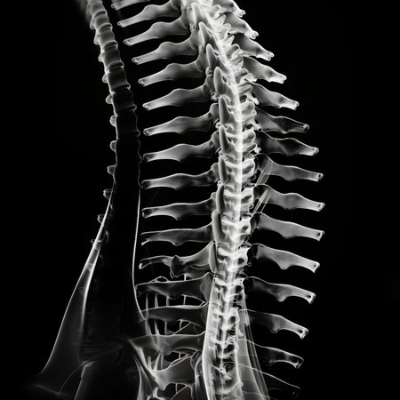 X-ray image of a human spine presented with a transparent effect against a black background. used for anatomical studies, medical diagnostics, or health-related educational content High quality photoの素材