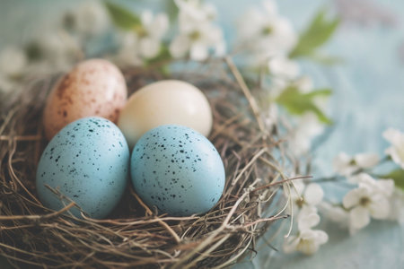 Colorful Easter eggs in a nest amidst soft floral blooms create a serene and whimsical setting. This image is ideal for seasonal decoration inspiration or spring holiday articles. High quality photoの素材