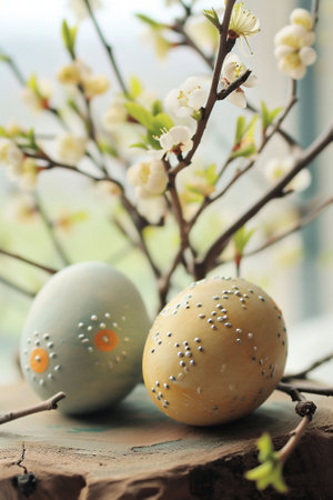 Decorated Easter eggs with delicate bead patterns rest beside blooming white flowers, wooden surface, radiating a fresh spring ambiance. Easter holiday themes or springtime crafts High quality photoの素材