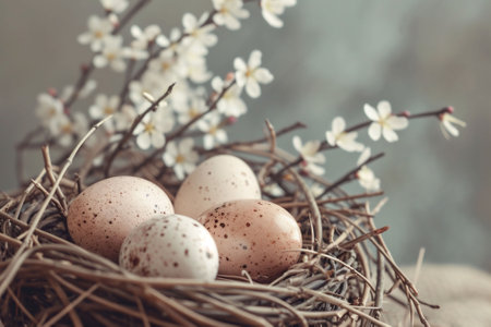 A collection of speckled Easter eggs among delicate white blossoms offers a natural and serene spring setting. home decor tutorials centered on springtime. High quality photoの素材