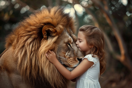 A girl in a white dress gently kissing a lion's face in a forest setting. The mood is affectionate and serene, suitable for themes of nature's gentleness and childlike wonder. High quality photoの素材