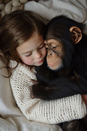 A little girl and a baby chimpanzee share a gentle forehead touch, conveying a sense of innocent connection. perfect for illustrating childhood, loving hugs and animal kinship. High quality photoの素材