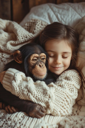 The child, eyes closed, smiles as she embraces the baby chimpanzee in a warm sweater, symbolizing peaceful coexistence. promote animal welfare and the joy of companionship. High quality photoの素材