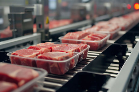 Trays of red meat move along a conveyor belt in an industrial setting, reflecting a process-focused environment. efficiency in food production, industrial and supply chain topics. High quality photoの素材