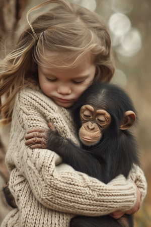 A gentle young girl hugs a baby chimpanzee against a blurred natural background. This image radiates a nurturing atmosphere, ideal for topics on empathy and animal care. High quality photoの素材