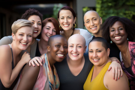 Smiley multiple race woman happy looking at the camera with cancer and after chemotherapy. Happiness and positivity. Copy space. High quality photoの素材