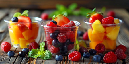 Fresh salad of berries and pieces of fruit in a plastic glass to take away as a snack. Kiwi, strawberry, mango, blackberry in cup. Unsustainable packaging. Copy space. . High quality photoの素材