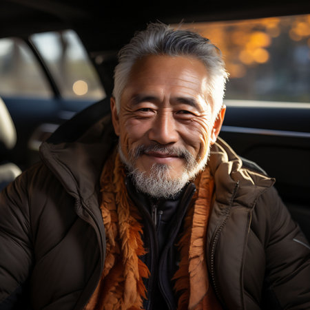Smiling Asian man 40 or 50 years old sitting in the car and smiling, wearing casual attire jacket. Autumn view in the window. Copy space. High quality photoの素材