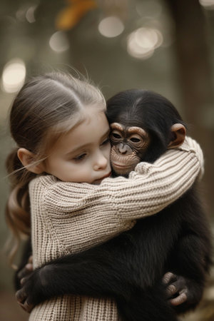 A young girl with a beige sweater gently embraces a baby chimpanzee on a bokeh background. heartwarming mood and could represent themes of care and interspecies friendship. High quality photoの素材