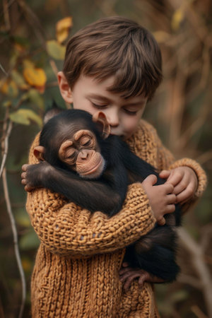 A young boy in a chunky orange sweater tenderly holds a baby chimpanzee, autumnal background. moment of caring and gentle kinship, suitable for themes of compassion and friendship. High quality photoの素材