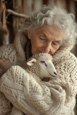 In a rustic environment, an elderly woman, wearing a heavy white sweater, tenderly holds a lamb. The mood is peaceful, fitting for concepts of nurturing and comfort. High quality photoの素材