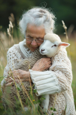 A senior woman in a knitted sweater embraces a lamb in a meadow, portraying a nurturing connection, suitable for content on elderly well-being and animal therapy. High quality illustrationの素材
