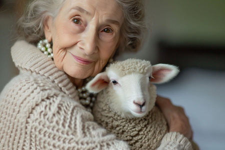a senior woman with pearl earrings holds a lamb, gazing at the camera. The mood is gentle and affectionate, suitable for concepts of companionship or aging gracefully. High quality photoの素材