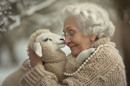 An elderly woman with white hair and glasses in a beige knitted sweater shares a close embrace with a lamb. tender, serene mood and could be used for themes of comfort and care. High quality photoの素材