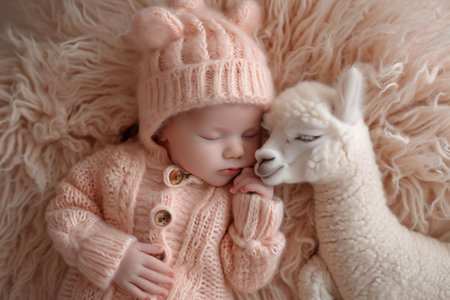 Baby in pink knitted wear sleeps next to a baby alpaca toy, in a soft, warm peach fuzz setting. The scene evokes tenderness and could be used for infant care materials. High quality photoの素材