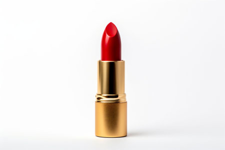 This image captures a bold red lipstick in a golden tube against a white background, exuding a sense of sophistication and style, advertisement for make up and cosmetics products. High quality photoの素材