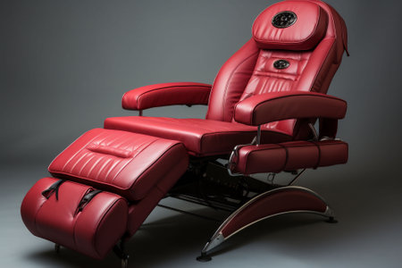 A luxurious red leather recliner chair with a modern design is showcased against a gray background. The chair's comfort and upscale aesthetic suggest exclusivity. High quality photoの素材